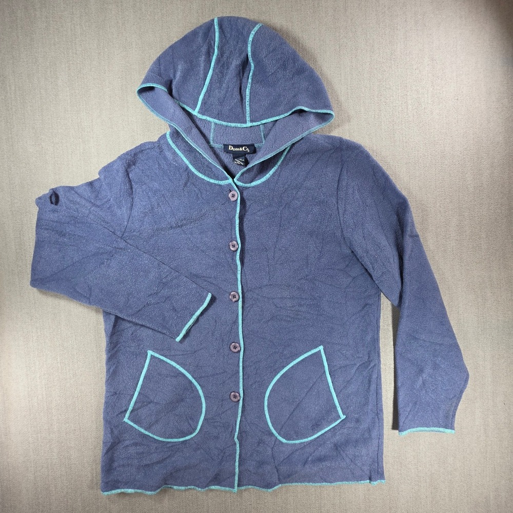 Denim & Co Fleece Hooded Cardigan Women Large Blue Contrast Trim Button Front